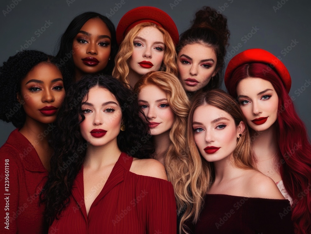 Obraz premium A group of models with red hair and lipstick, posing for a photo shoot against a studio backdrop.