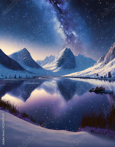 A stunning winter landscape with gently curving white snow-capped mountains in the distance,