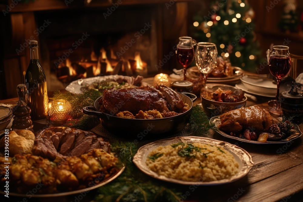 A table is set with a variety of food and drinks, including a large roast turkey, potatoes, and a bottle of wine. The table is surrounded by a fireplace, creating a cozy and festive atmosphere A table is set with a variety of food and drinks, including a large roast turkey, potatoes, and a bottle of wine. The table is surrounded by a fireplace, creating a cozy and festive atmosphere