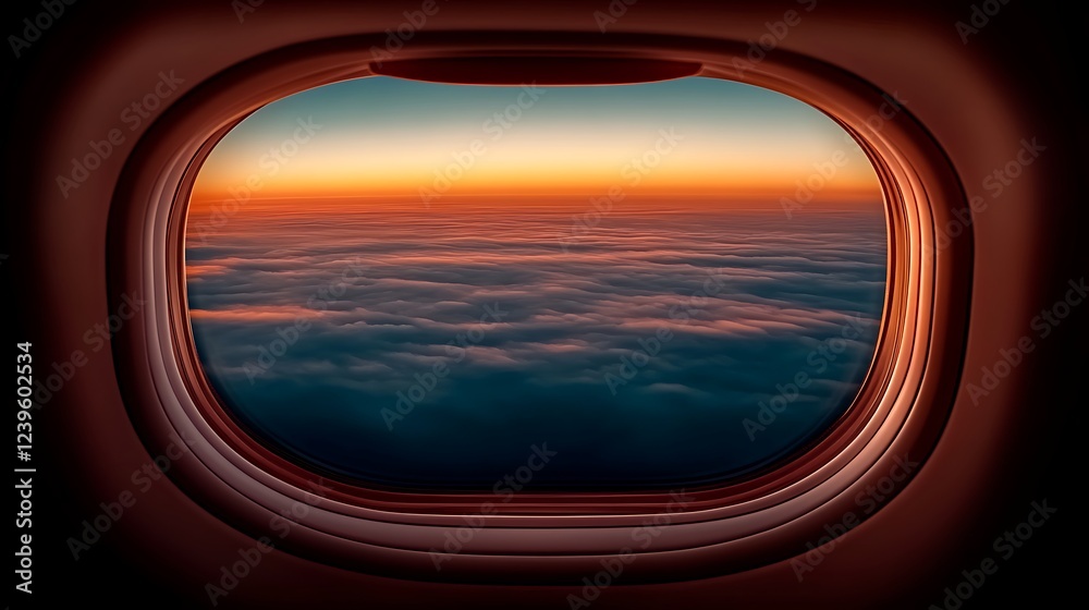 Aerial view of clouds at sunset from an airplane window, showcasing vibrant colors Aerial view of clouds at sunset from an airplane window, showcasing vibrant colors