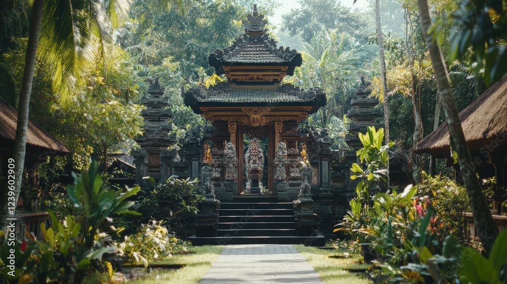 A Balinese style temple house with intricate stone carvings and tropical gardens A Balinese style temple house with intricate stone carvings and tropical gardens