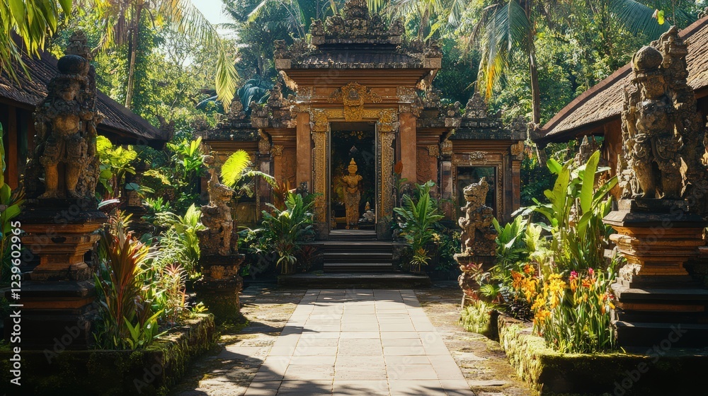 Fototapeta premium A Balinese style temple house with intricate stone carvings and tropical gardens