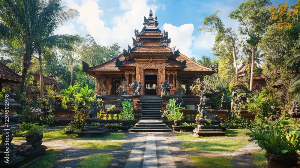 Fototapeta premium A Balinese style temple house with intricate stone carvings and tropical gardens