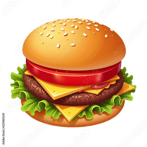 Closeup illustration of a juicy cheeseburger with sesame bun, lettuce, tomato, and cheese.