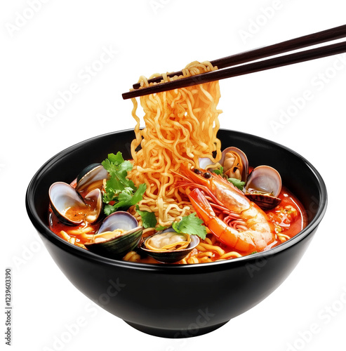 Asian spicy seafood noodle soup,Thai Tom Yum spicy seafood noodle with shellfish,shirmp,takes noodles with chopsticks. isolated on transparent    
 background photo