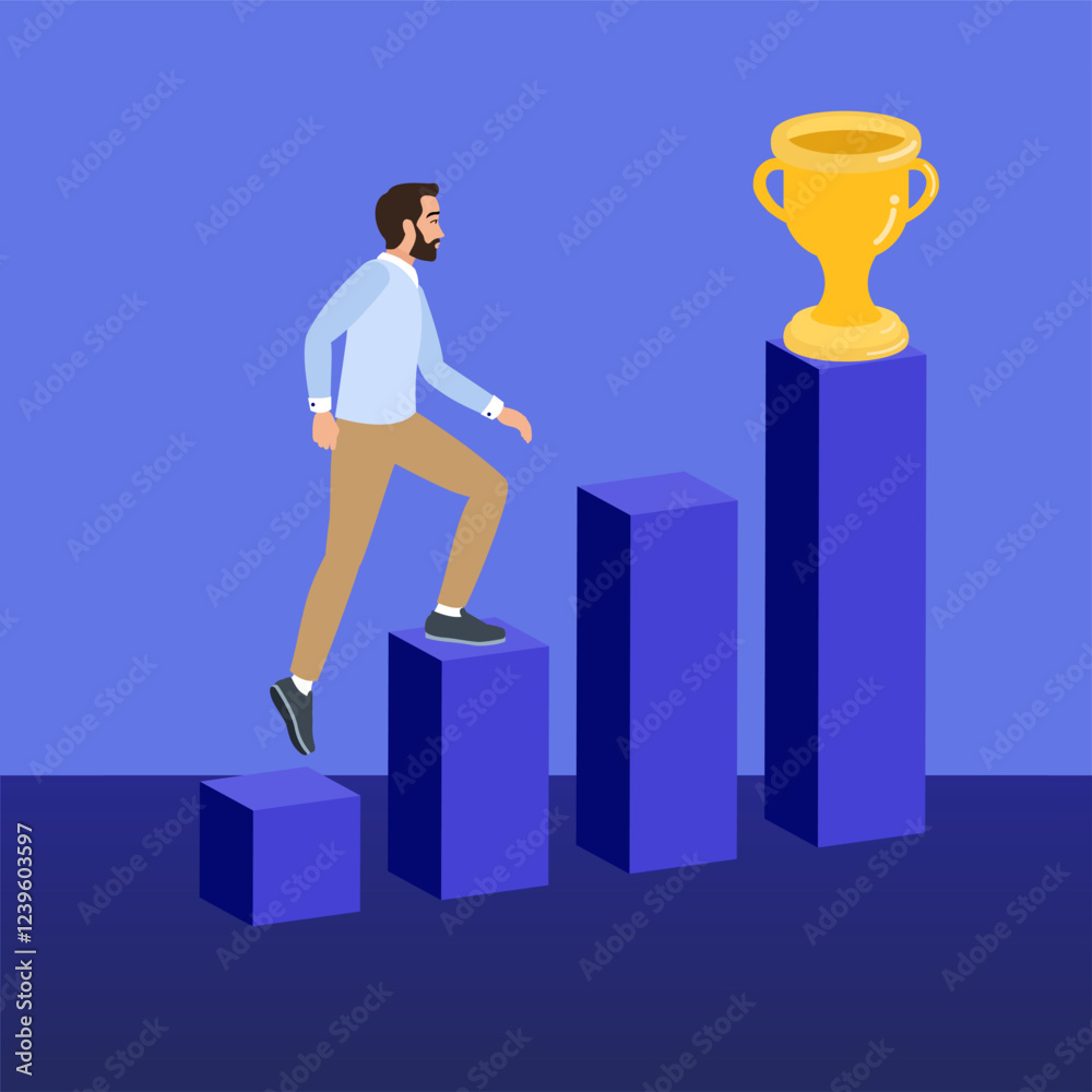 Businessman walking up bar graph to success trophy Businessman walking up bar graph to success trophy