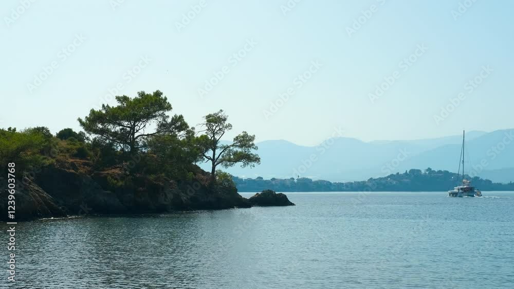 White catamaran sails on calm waters near a rocky coast adorned with pine trees. Distant mountains create a stunning backdrop against the blue sky, enhancing the tranquil scene