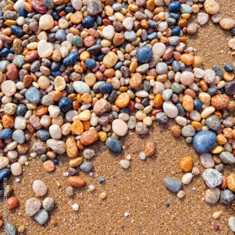 Close-up of multicolored pebbles scattered on a sandy beach, ideal for nature themes, design projects, and creative backgrounds. Close-up of multicolored pebbles scattered on a sandy beach, ideal for nature themes, design projects, and creative backgrounds.