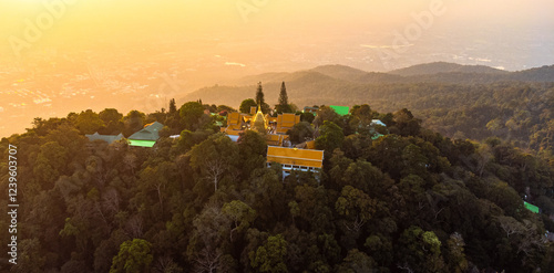 Wat Phra That Doi Suthep temple shining during sunset in Chiang Mai, Thailand