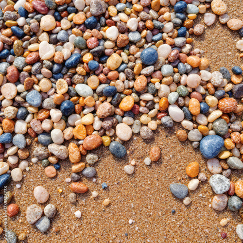 Close-up of multicolored pebbles scattered on a sandy beach, ideal for nature themes, design projects, and creative backgrounds.