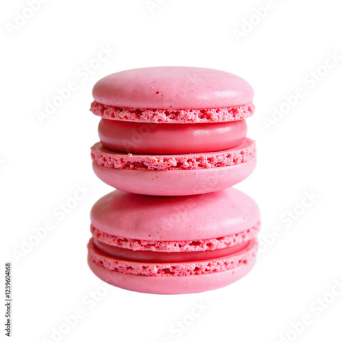 Closeup of three pink macarons stacked on each other against a black background. photo