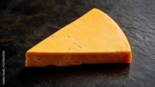 A slice of cheese is on a black surface. The cheese is yellow and has a sharp point photo