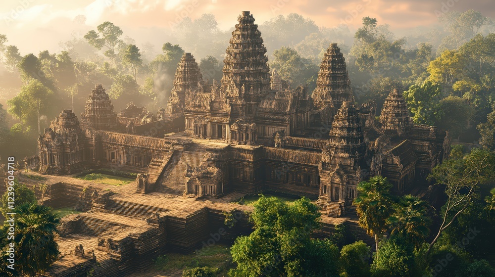 Fototapeta premium A Cambodian Angkor Wat-inspired temple house with sandstone structures