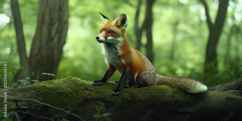 Fototapeta premium A fox sits on a moss-covered rock in a vibrant, lush forest.