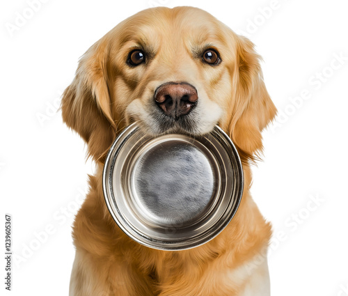 Cute Dog Holding Empty Bowl in Studio Portrait Looking Hungry isolated