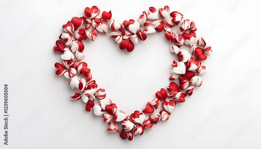 Obraz premium Banner of red and white hearts form a heart shape on a white background. Isolated heart shape. The concept of love and romance. Romantic background composition. Valentine's Day.