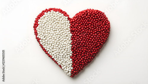 Banner of red and white hearts form a heart shape on a white background. Isolated heart shape. The concept of love and romance. Romantic background composition. Valentine's Day.