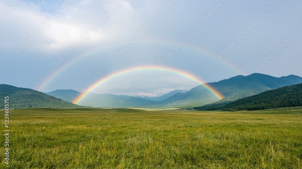 Double rainbow over grassy valley, mountain backdrop, scenic landscape, travel poster Double rainbow over grassy valley, mountain backdrop, scenic landscape, travel poster
