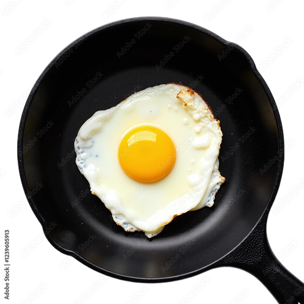 A single fried egg with a runny yolk in a black cast iron skillet. The image is a close-up overhead shot against a black background. A single fried egg with a runny yolk in a black cast iron skillet. The image is a close-up overhead shot against a black background.