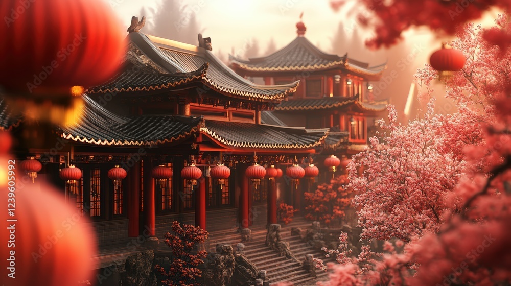 A Chinese pagoda-style temple house with red lanterns and curved roofs A Chinese pagoda-style temple house with red lanterns and curved roofs