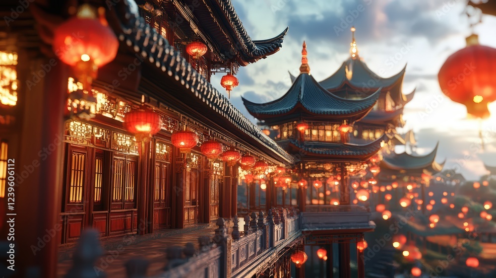 A Chinese pagoda-style temple house with red lanterns and curved roofs A Chinese pagoda-style temple house with red lanterns and curved roofs