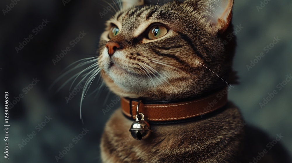 A cat wearing a bell collar is staring at the camera. The collar is brown and has a bell attached to it A cat wearing a bell collar is staring at the camera. The collar is brown and has a bell attached to it