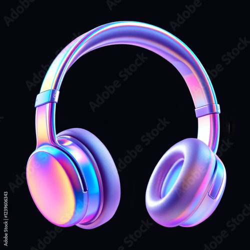 Stunning 3D glossy headphones with a smooth, reflective surface and vibrant holographic colors. Perfect for tech, design, and lifestyle visuals.