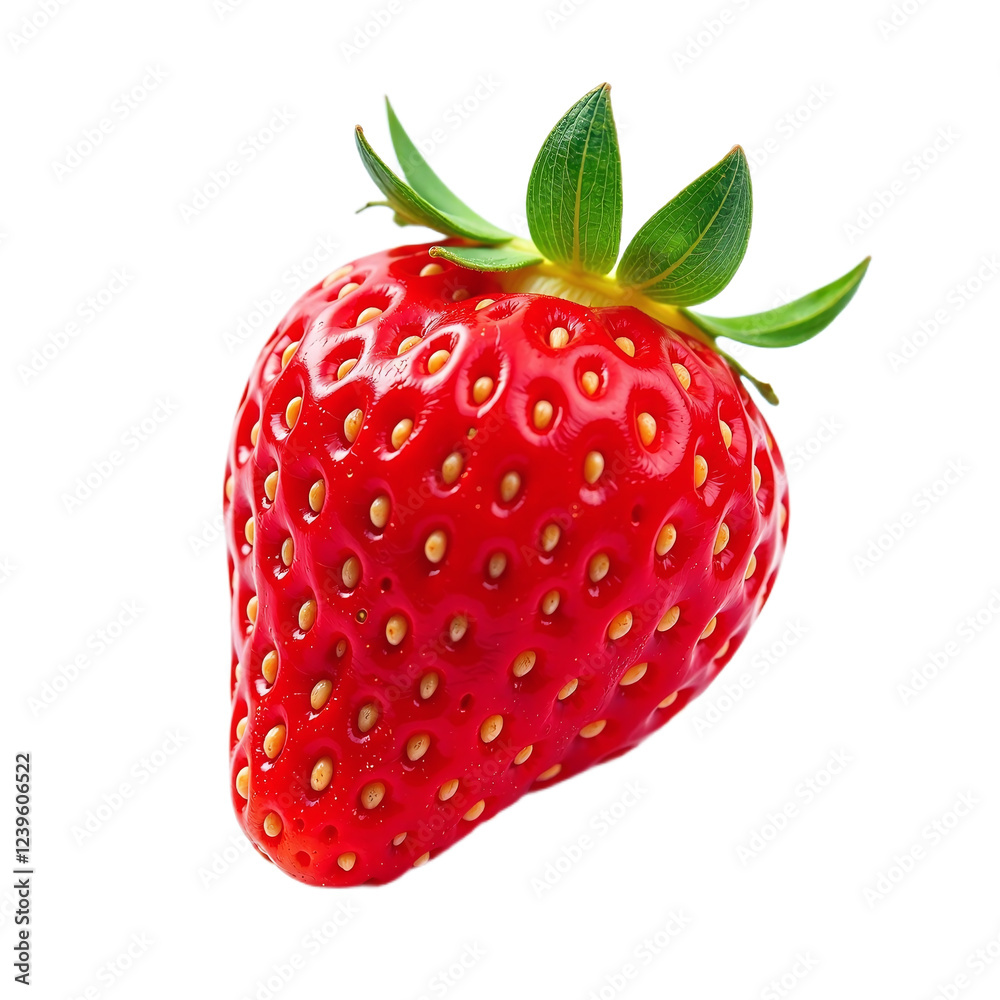 Close-up image of a single, ripe, red strawberry against a black background.