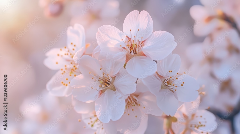 A close-up of delicate cherry blossoms in full bloom, representing renewal and feminine beauty A close-up of delicate cherry blossoms in full bloom, representing renewal and feminine beauty