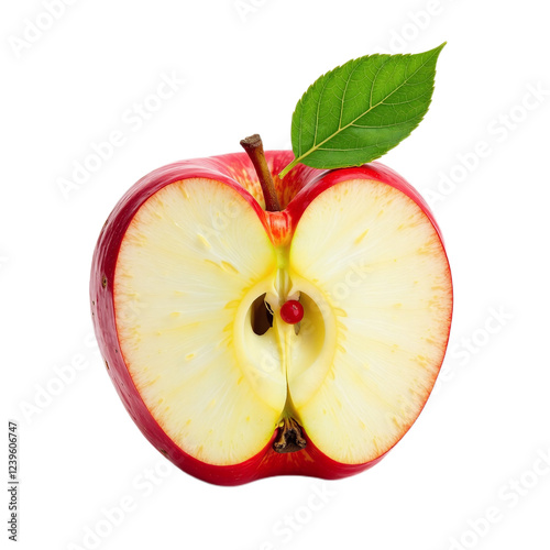 Close-up image of a halved red apple with a green leaf on a black background. photo