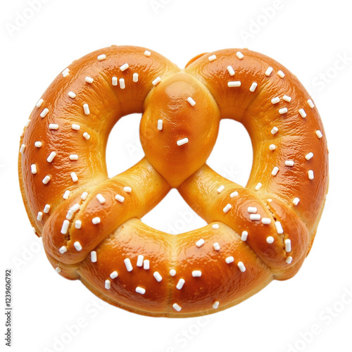 Closeup of a single, glazed pretzel with white sprinkles on a black background. photo