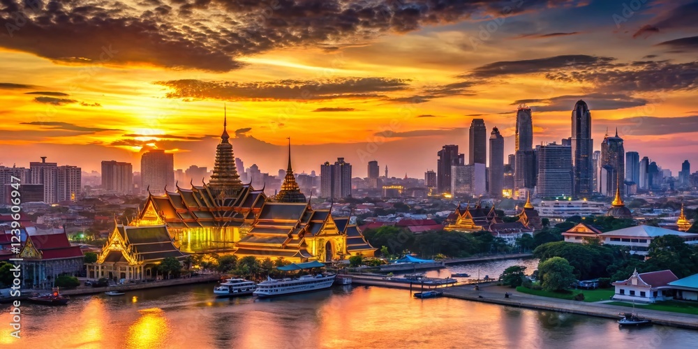 Obraz premium Bangkok Silhouette Cityscape: Chao Phraya River Sunset