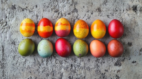 A collection of colorful Easter eggs in various decorations, reflecting a festive tradition and artistic creativity. photo