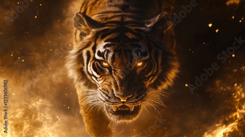 A fierce tiger with glowing red eyes and razor-sharp claws materializes from a dark, misty background, encircled by eerie, swirling flames and ominous shadows photo