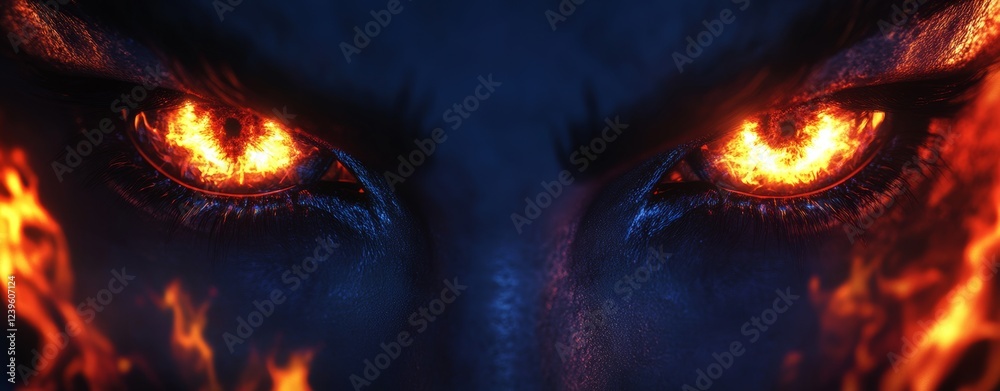 Close-up image of human eyes in flames, symbolizing intense power. Blank space for text is available Close-up image of human eyes in flames, symbolizing intense power. Blank space for text is available