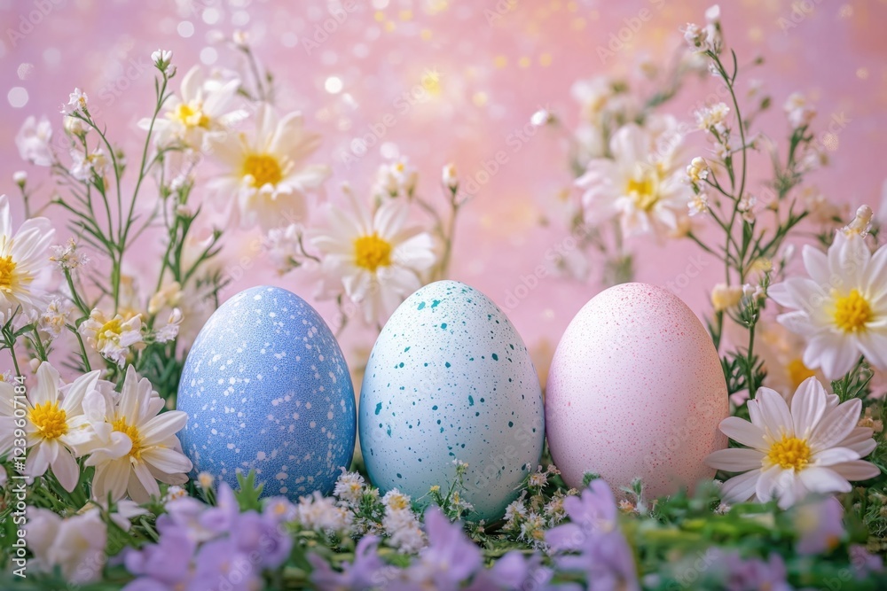 A festive spring scene with three colorful, pastel-painted Easter eggs in a vase surrounded by white and yellow daisies. A festive spring scene with three colorful, pastel-painted Easter eggs in a vase surrounded by white and yellow daisies.