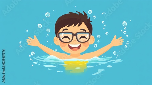 Royalty-Free Vector Illustration of a Happy Boy Wearing Glasses Swimming in a Pool