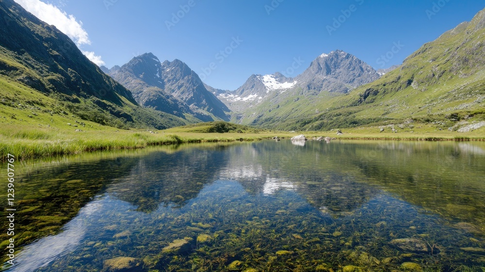 Fototapeta premium Alpine lake reflects majestic peaks, serene valley. Travel postcard