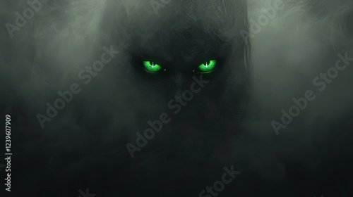 Peeking out from a dark background is a green monster with green eyes, generating a mysterious and eerie ambiance