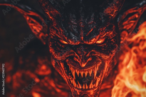 The Balrog emerges from the flames, displaying its lava-like skin and radiating eyes photo