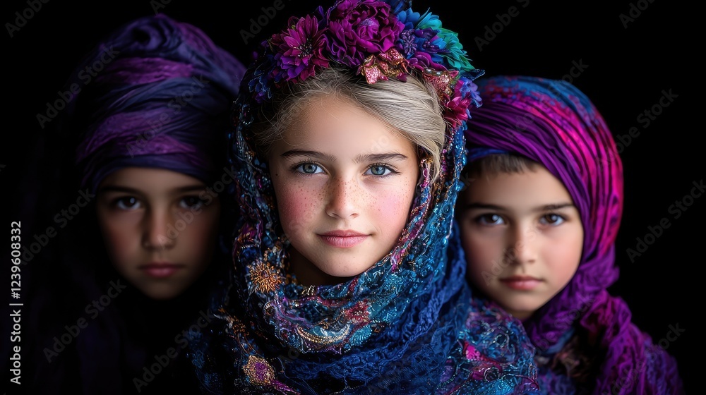 Obraz premium Children in colorful scarves, studio portrait, dark background, for advertising