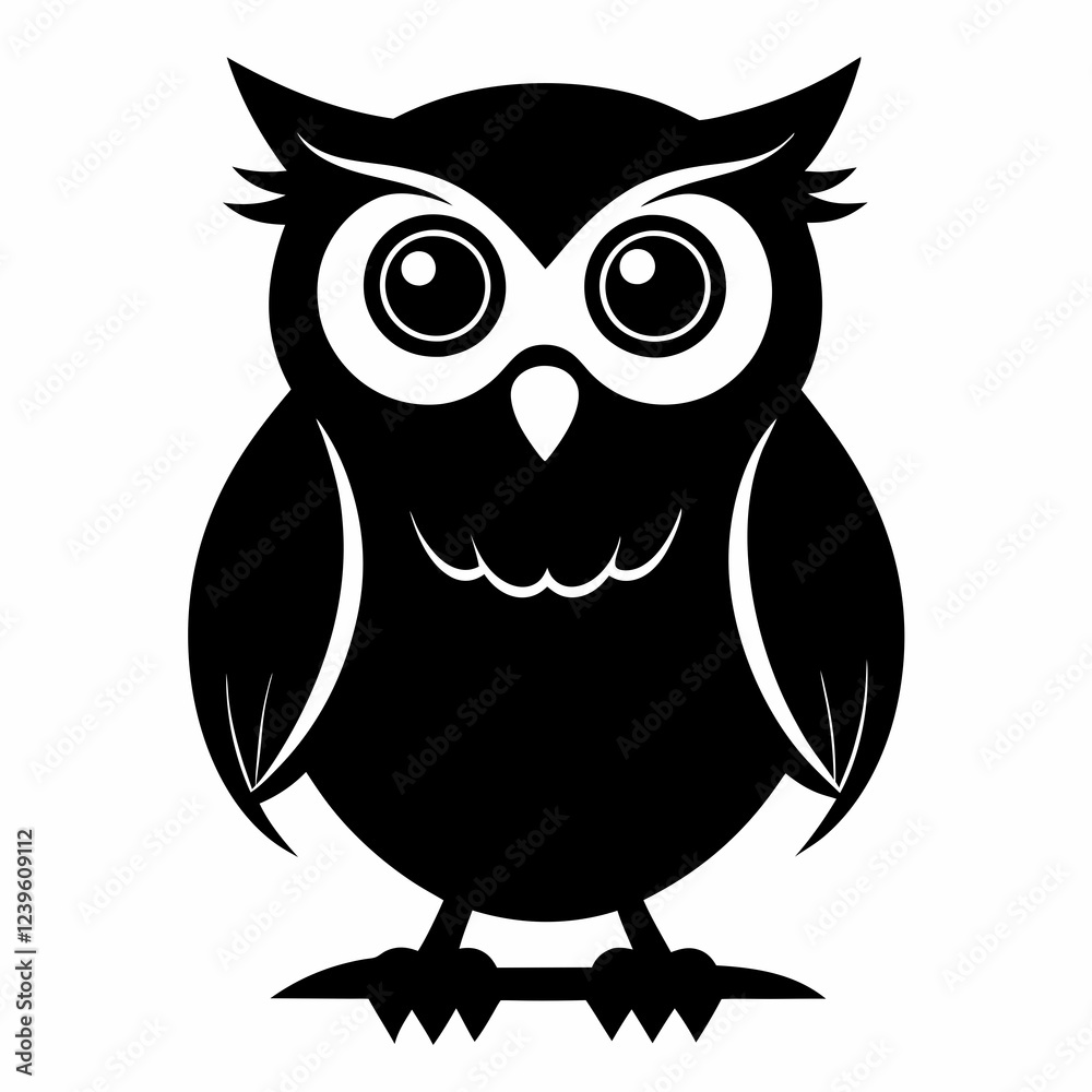 Fototapeta premium Wise Owl Silhouette: Majestic Night Bird Perched, Wide Eyes, Black art dark tree wing beak head image