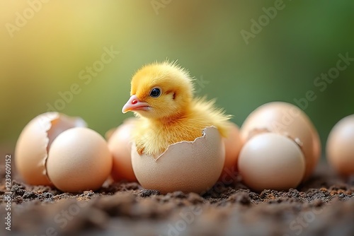 A cute yellow chick peeks out from a cracked eggshell, surrounded by unhatched eggs, set against a soft, blurred background. photo