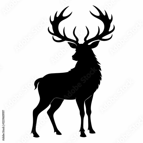 Majestic Stag Silhouette: Dark Antlers, Regal Presence, Wildlife Vector Graphic art deer horn head  