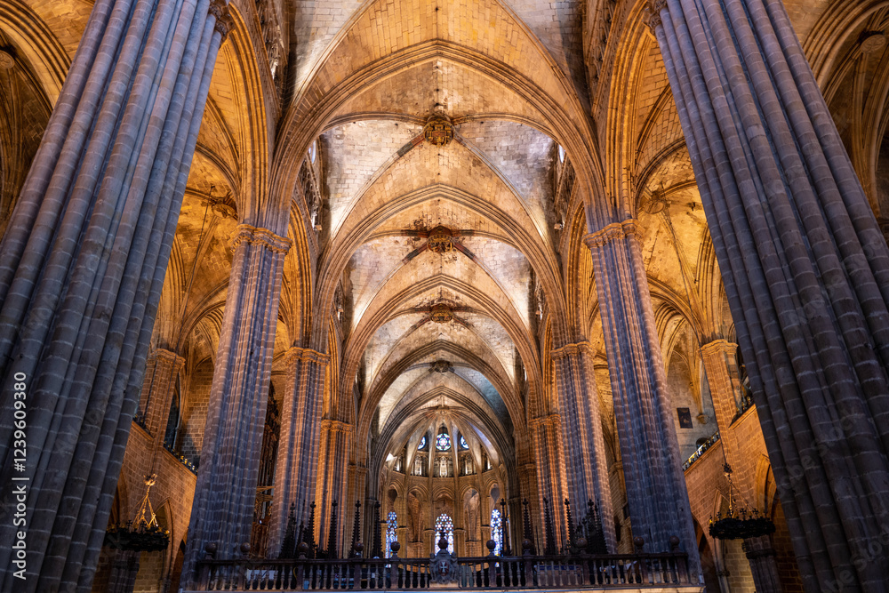 Fototapeta premium Barcelona Cathedral's breathtaking interior: Sunlight illuminates the intricate ribbed vault ceilings and slender columns.