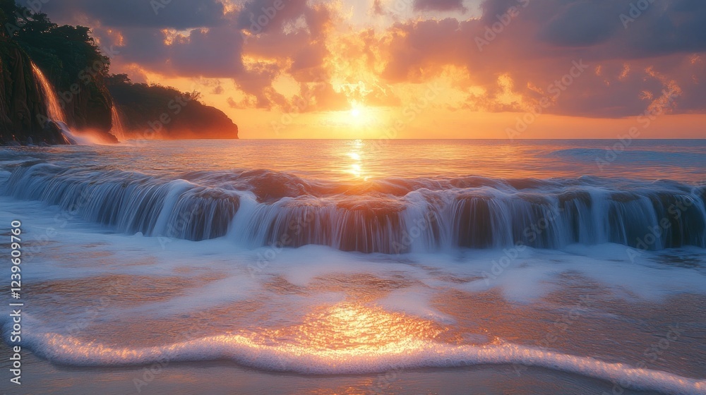Coastal waterfall sunset seascape, ocean waves Coastal waterfall sunset seascape, ocean waves