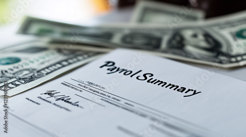 Photo of a neatly placed paycheck labeled 'Payroll Summary' with cash, representing payroll, salary, and financial management.