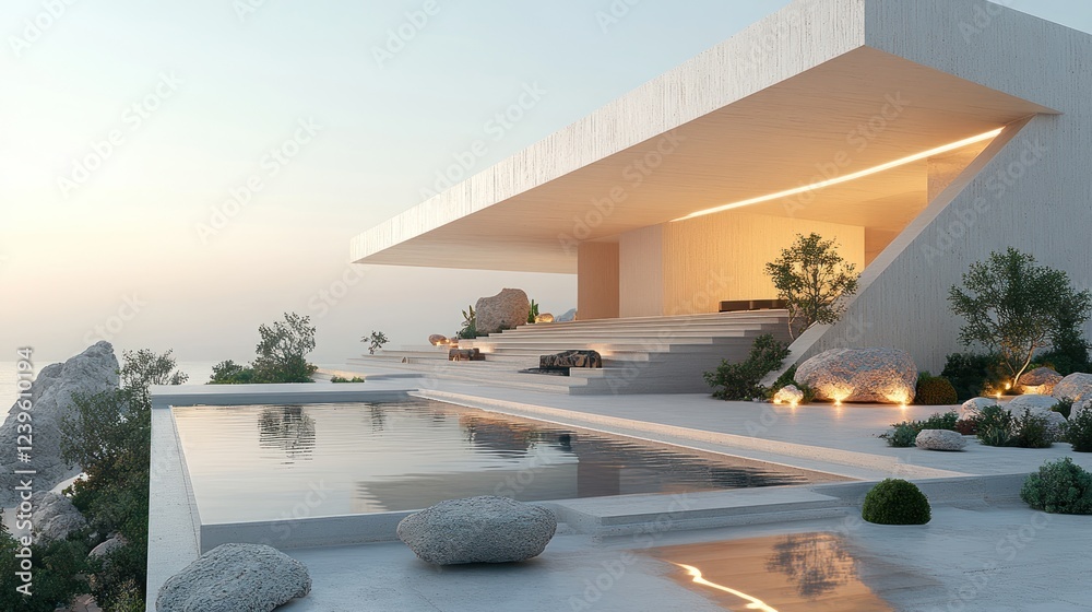 Fototapeta premium Modern cliffside villa sunrise ocean view pool