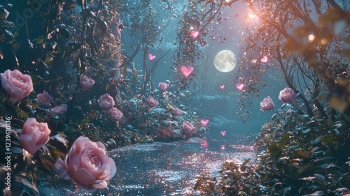 Valentine mockup card minimalist design. Enchanted Rose Garden Stream Under Moonlight With Hearts Floating in Air Fairy Tale Magic Scene.