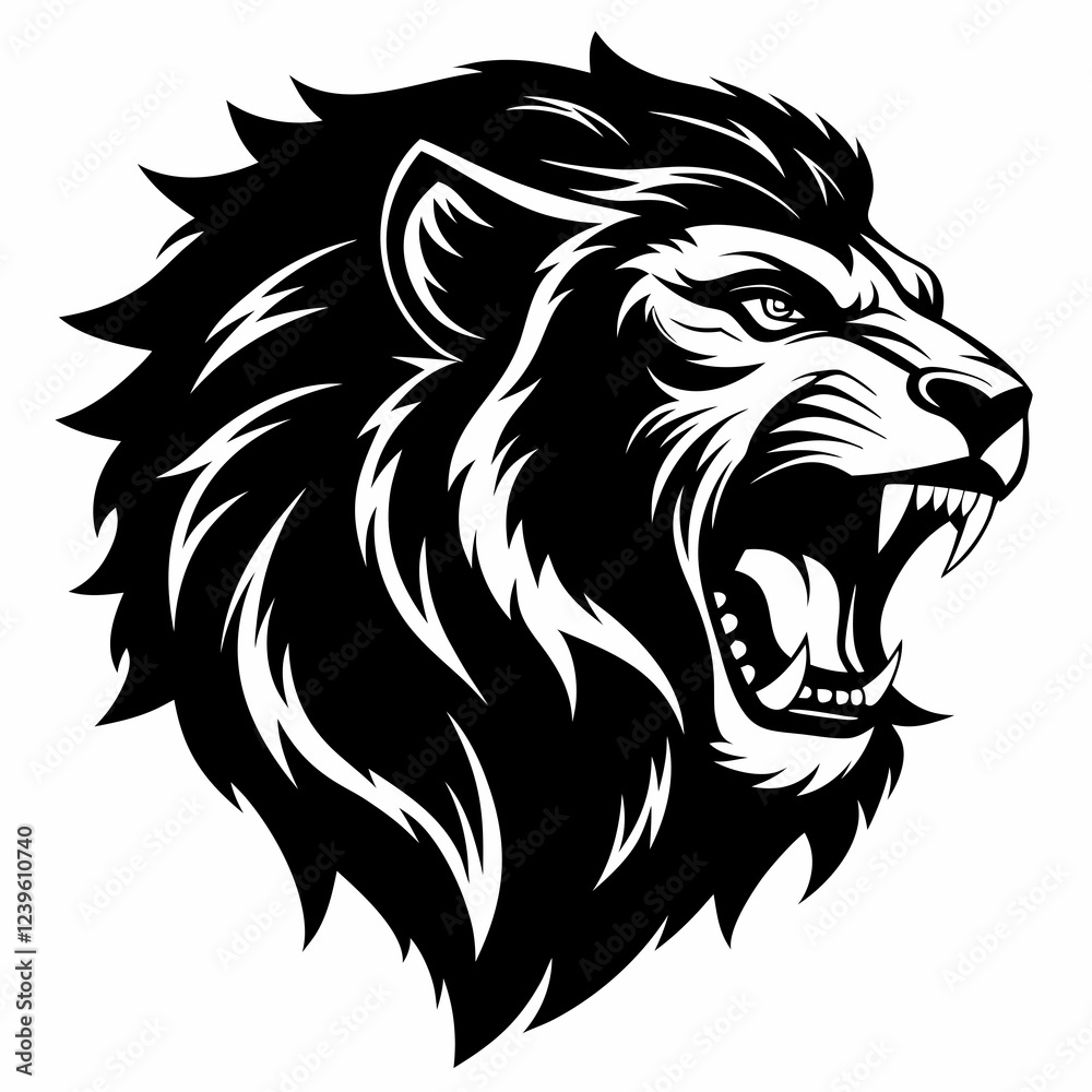 Fototapeta premium Majestic Roaring Lion Head Silhouette: Powerful Black Vector Graphic for Design Projects cat logo 